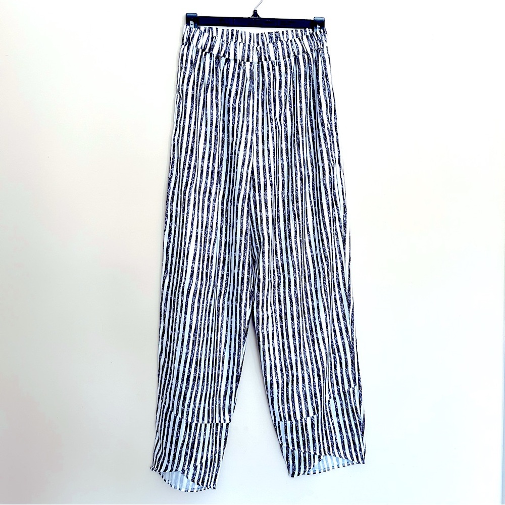 Chic Striped White and Gray Women's High Waisted Wide Leg Pants